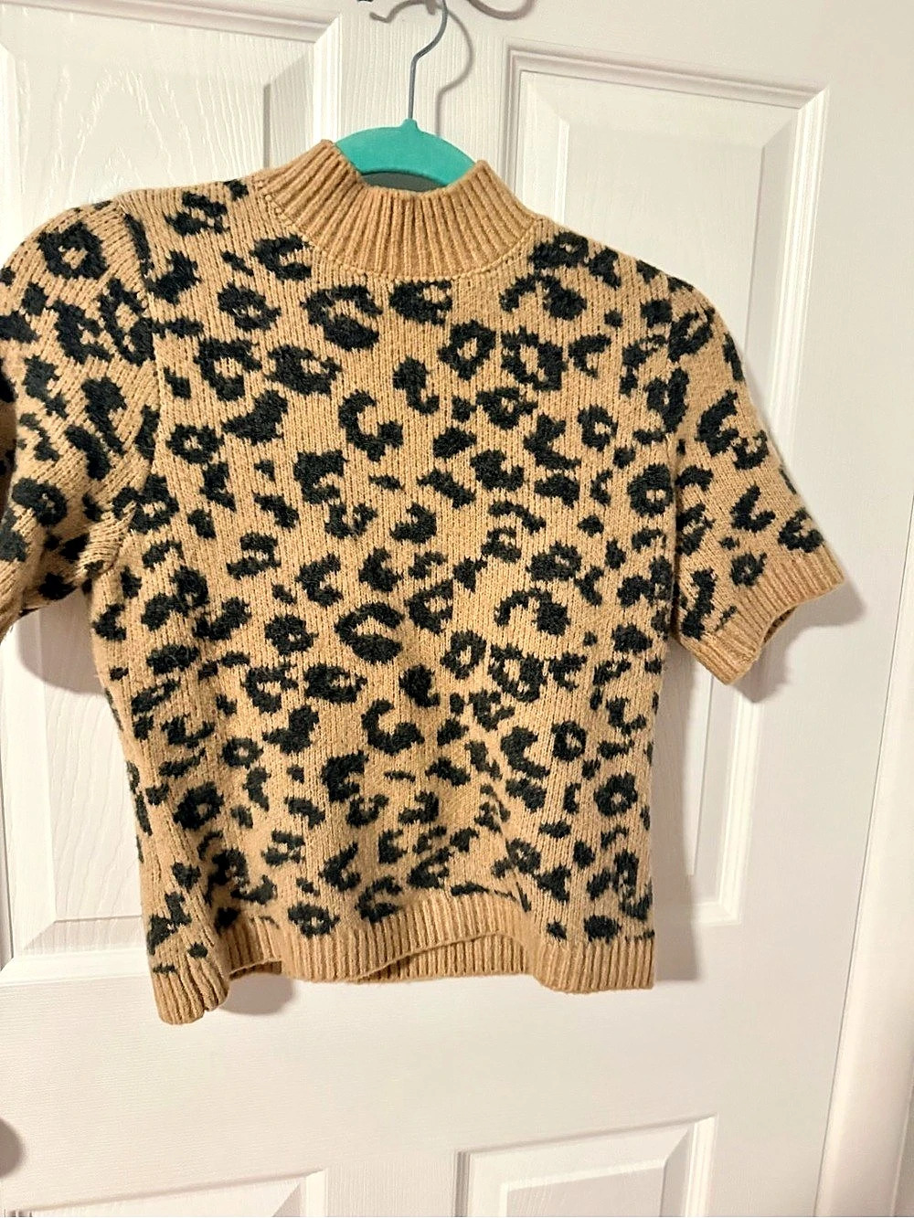 Abercrombie & Fitch Leopard Print Short Sleeve Mock Neck Sweater